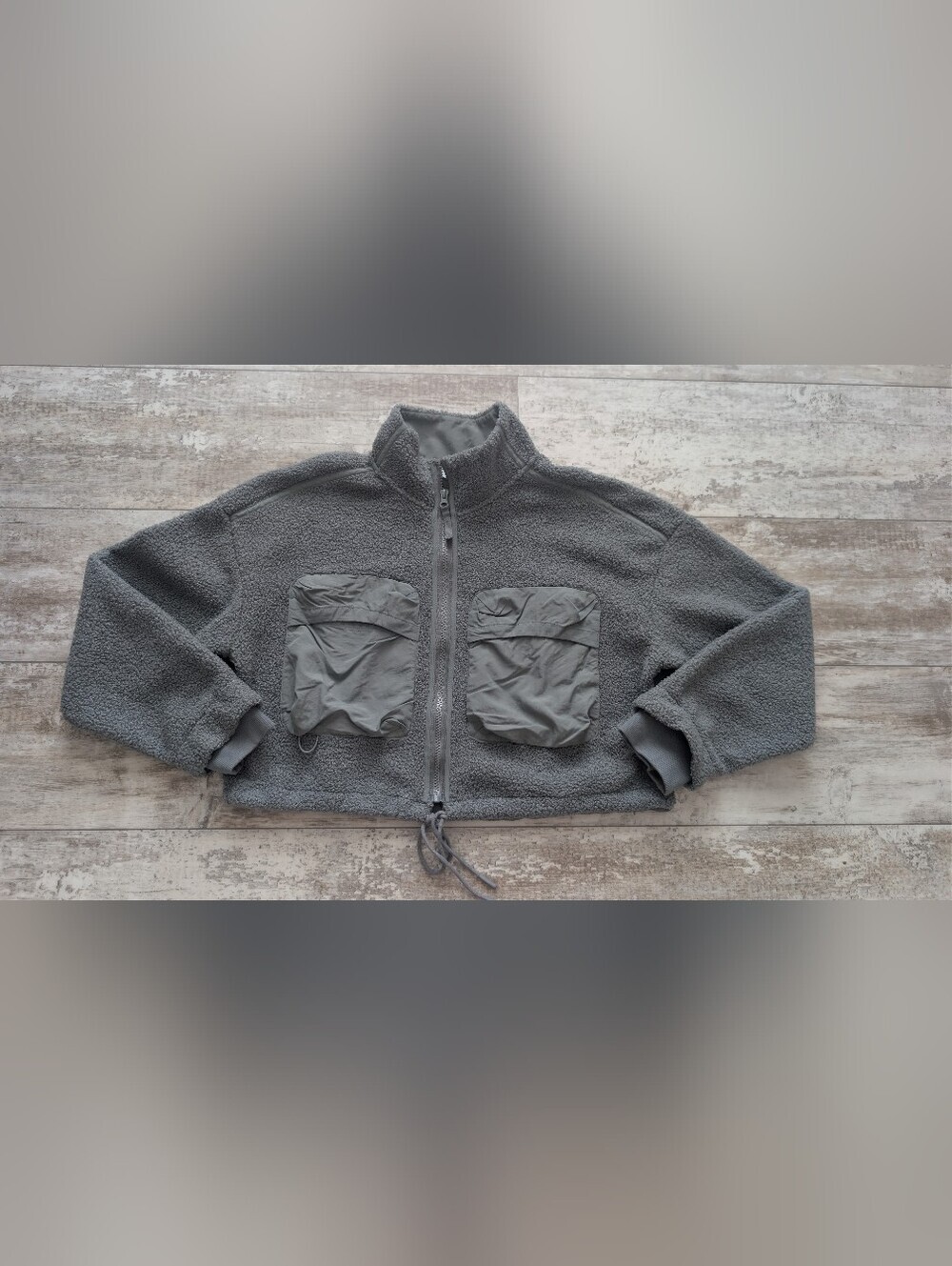 Cropped Grey Teddy Jacket with Front Utility Pockets